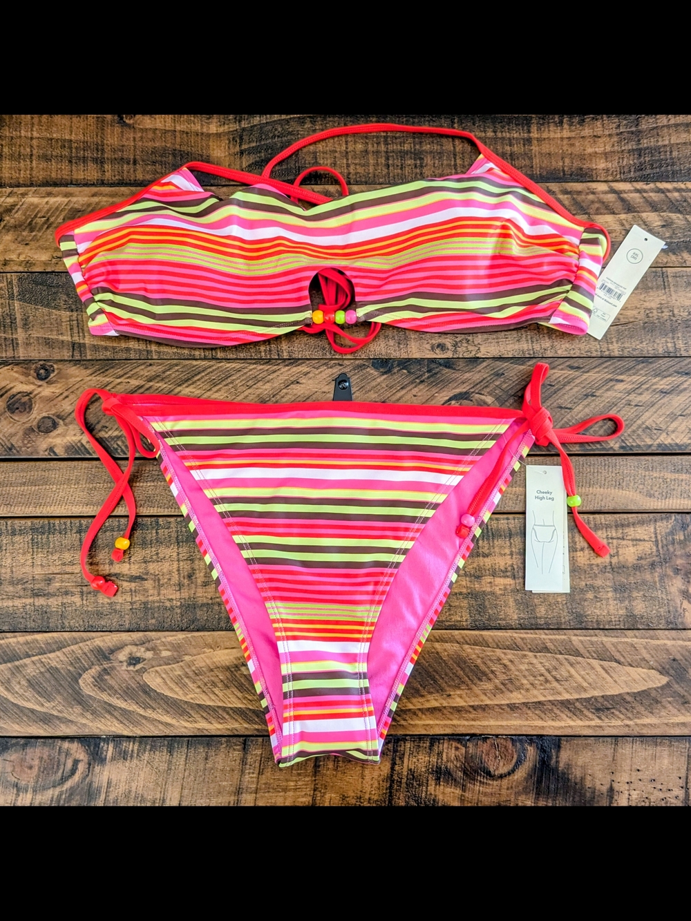 No Boundaries 2-Piece Bandeau Bikini Cheeky Leg Striped Multicolor XXL (20) NWT